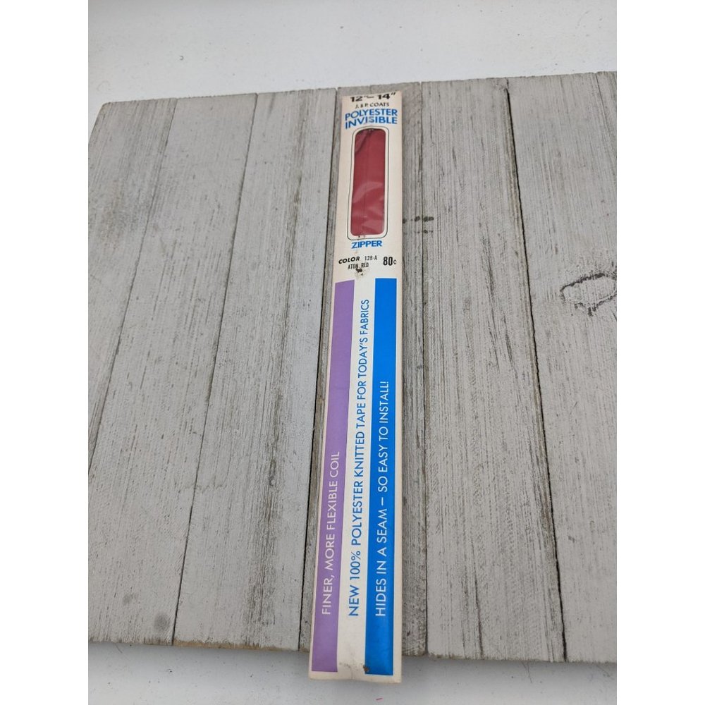 Vintage J&P Coats Polyester Invisible Zipper 12"-14" Atom Red 128-A